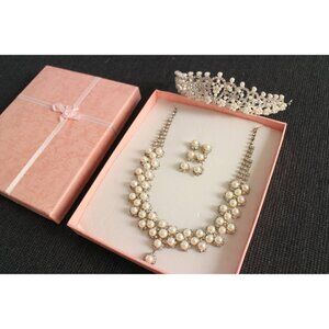 Pearl and Rhinestone Necklace Earrings Tiara Wedding Set